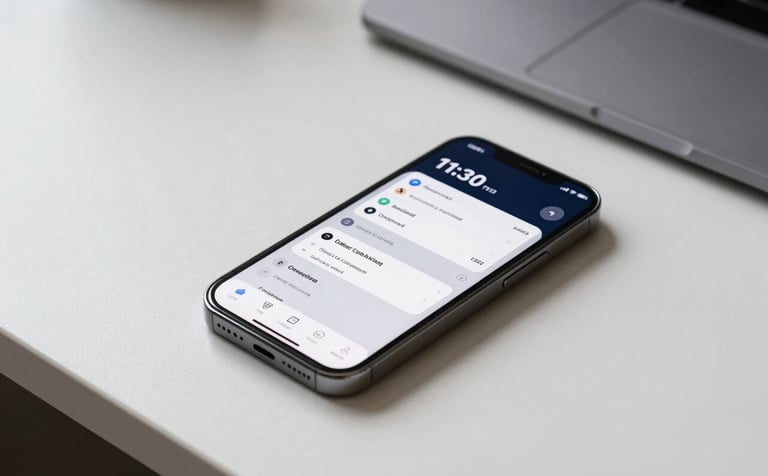Photography of a minimalist, tech-forward home office desk. A premium smartphone rests on the desk showing a clean, dark navy and light grey productivity dashboard. The lighting is crisp and modern. Global / Tech-savvy.