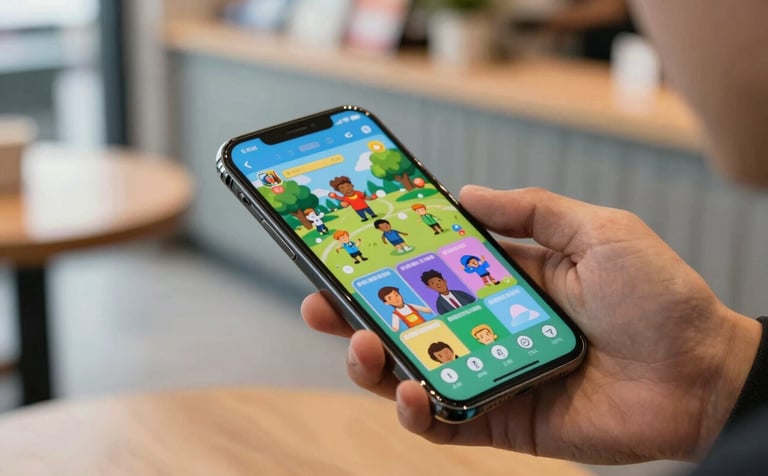 A close-up photograph of a person in a brightly lit modern cafe using a sleek smartphone. The screen reflects a vibrant, colorful interface of a casual game. The style is clean and professional, with soft focus on the light grey and steel blue background elements. Global / Tech-savvy.