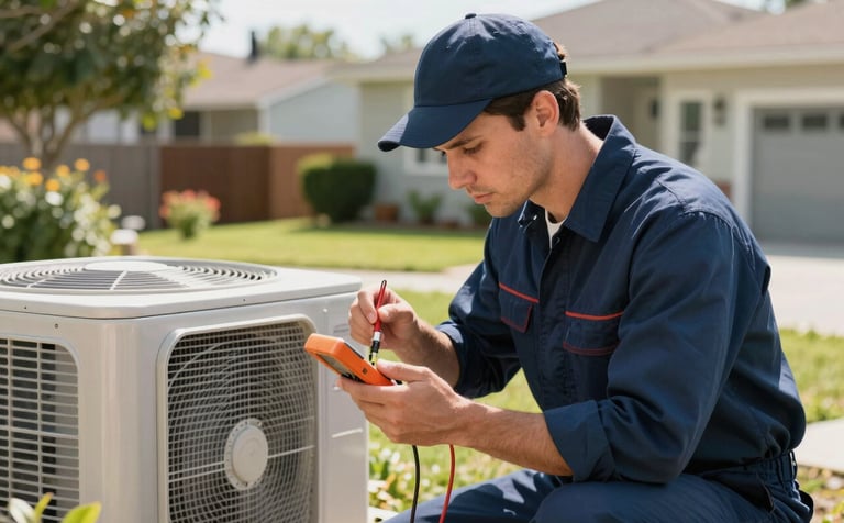 A professional HVAC technician in a navy blue uniform meticulously inspecting an outdoor air conditioning unit with a multimeter in a bright North American suburban backyard. Natural daylight, high-quality photography.