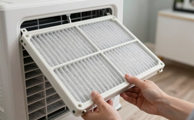 A close-up shot of a brand new, clean HVAC air filter being inserted into a unit. The setting is a modern utility room in a North American home. The lighting is crisp and emphasizes efficiency and cleanliness.