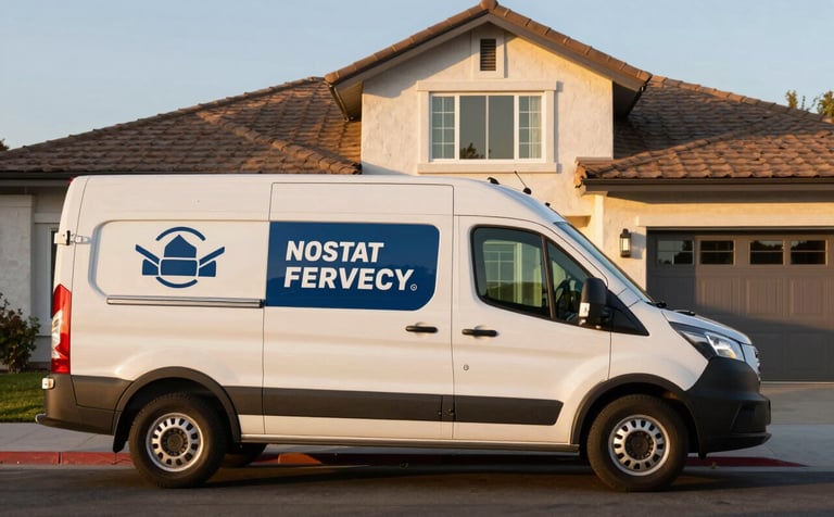 A professional service van with clean, modern branding parked in front of a contemporary North American home in Visalia, California, during a soft golden hour sunset. A sense of reliable, rapid service.