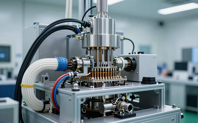 Industrial photography of a high-tech semiconductor cleanroom, showing precise electrical conduits and heavy-duty cabling against a Soft White and Steel Blue background. The environment looks sterile, innovative, and highly technical. Global / Industrial setting.
