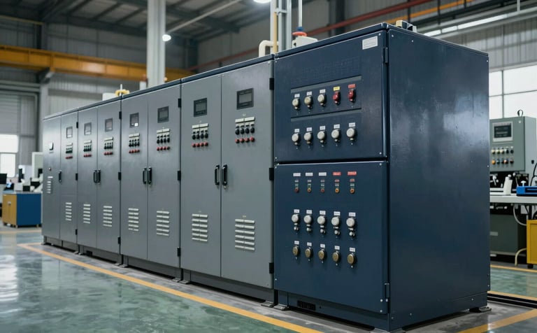 A wide-angle professional shot of an industrial manufacturing floor featuring massive electrical switchgear and distribution boards. The lighting is balanced and professional, with colors reflecting a palette of Deep Navy and Slate Grey. Global / Industrial setting.