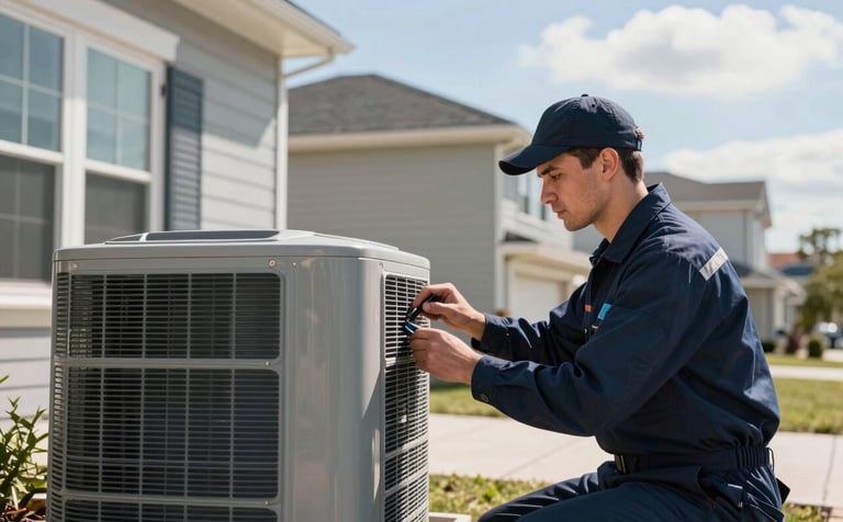 Photography of a professional HVAC technician in a dark navy blue uniform inspecting an external air conditioning unit outside a modern North American / US suburban home during a bright day. The scene uses steel blue and soft cloud white highlights to convey modern efficiency.