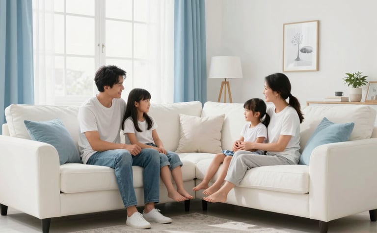 A family relaxing comfortably in a clean, bright North American / US living room. The atmosphere is fresh and airy, featuring soft cloud white furniture and sky blue accents, suggesting superior indoor air quality and reliable climate control.