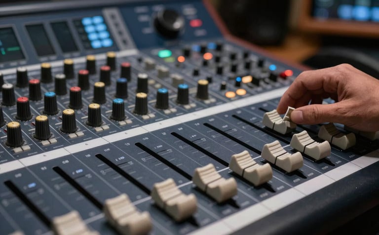 A close-up shot of a high-end digital mixing console with illuminated faders in a professional recording studio. The atmosphere is sophisticated with Deep Steel Blue and Dark Charcoal tones, creating a sense of technical innovation.