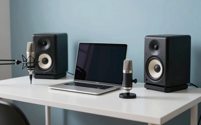 A clean, modern home studio desk featuring a laptop, studio monitors, and a condenser microphone. The lighting is soft and natural, emphasizing Ice White surfaces and Muted Sky Blue accents. The style is professional and minimalist photography.