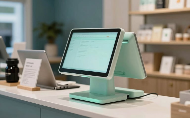 A sharp, professional photograph of a retail counter in a North American / US boutique. A sleek POS system is visible, with soft Mint Green lighting highlights and a blurred background showing organized inventory and professional decor in Steel Blue tones.