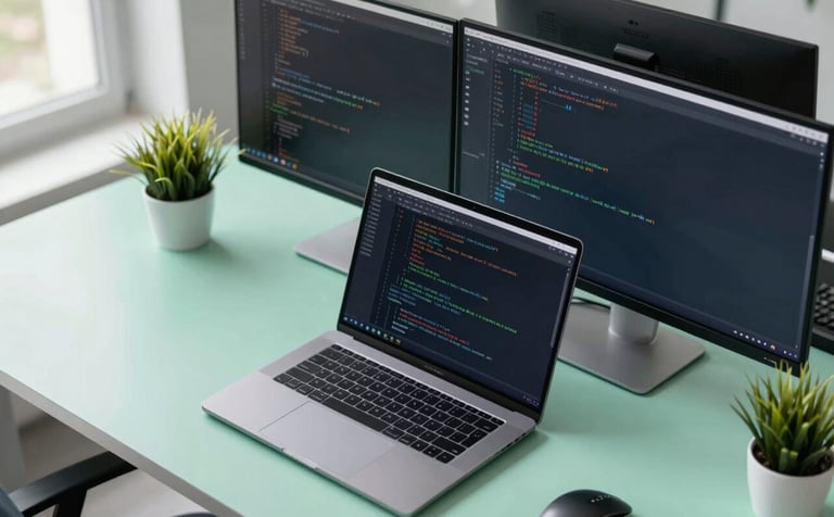 High-angle photography of a professional workstation in a modern North American / US office setting. A laptop and extra monitor show lines of code, with a minimalist desk and a small potted plant. The lighting is bright and natural with soft Mint Green and Dark Navy accents in the decor.