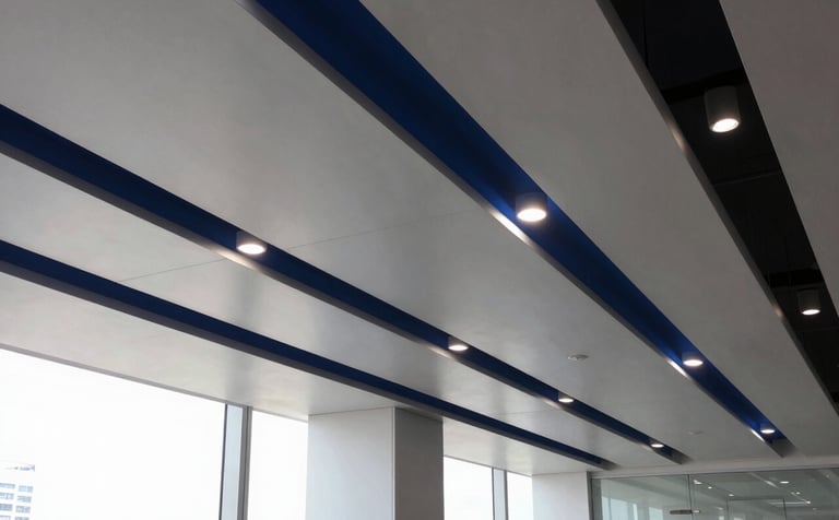 A high-end modern office interior in a South American / Brazilian city, featuring a sophisticated suspended ceiling design with integrated LED lighting. The style is minimalist with steel blue accents. The photography captures the clean lines and the precision of the installation, conveying professional innovation.