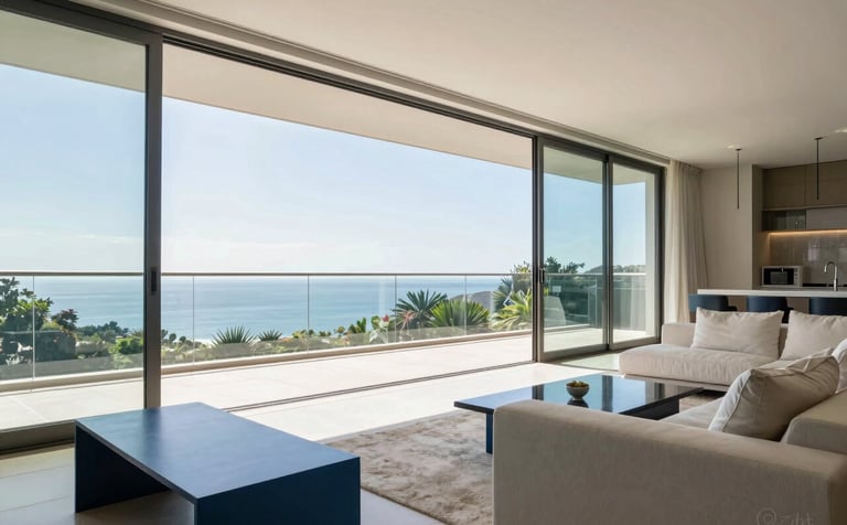 A wide-angle, high-resolution photograph of a modern living room in a luxury South American / Brazilian penthouse. The focus is on a large, seamless glass wall and sliding doors that open to a balcony. The lighting is natural and bright, highlighting the transparency and quality of the glass. The interior features minimalist furniture in steel blue and soft off-white tones.