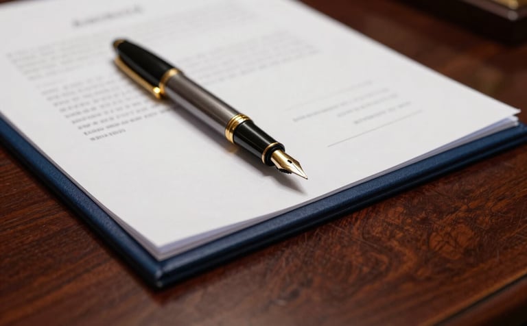 A close-up photograph of a formal legal document with a classic gold-nibbed fountain pen resting on it, set upon a polished dark mahogany desk in a North American corporate law office. The lighting is sophisticated and focused, highlighting the texture of the paper. Colors include navy blue and deep wood tones.