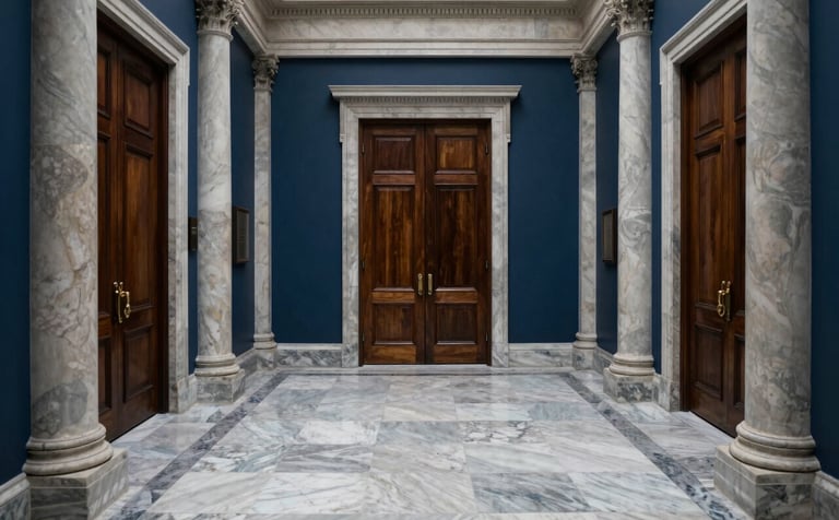 An authoritative wide-angle shot of a grand North American government hallway featuring marble floors, architectural columns, and heavy dark oak office doors. The atmosphere is quiet, formal, and secure. Colors are predominantly navy blue, slate gray, and white.