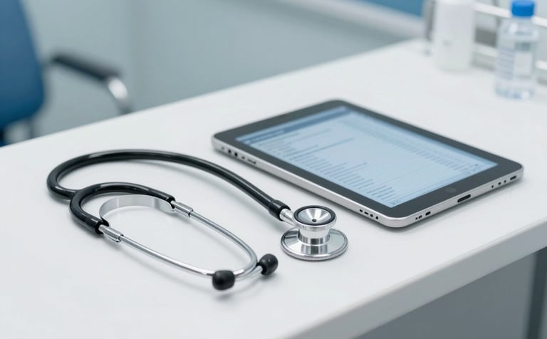 A clean and bright North American hospital consultation room setting. A professional stethoscope and a digital tablet showing medical data are placed on a sterile white counter. The scene is bright and professional, using a palette of light blue-gray and slate gray.