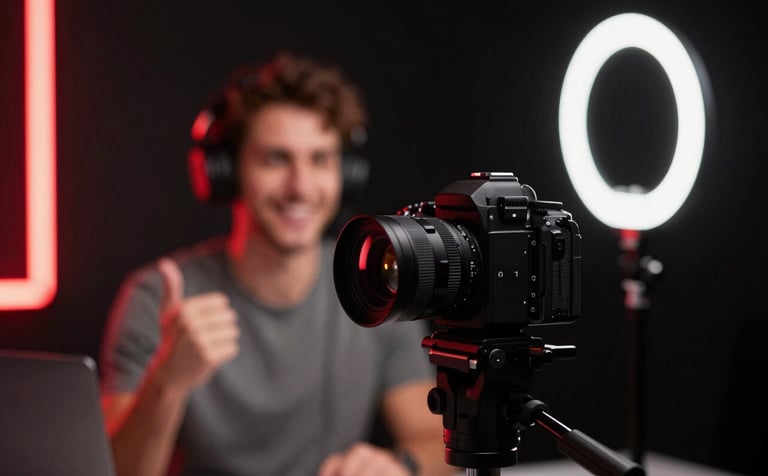High-end professional live streaming setup featuring a premium camera and ring light against a stark black (#0D0D0D) background. Strategic red neon backlighting (#8C0000) highlights the energetic nature of live shopping.
