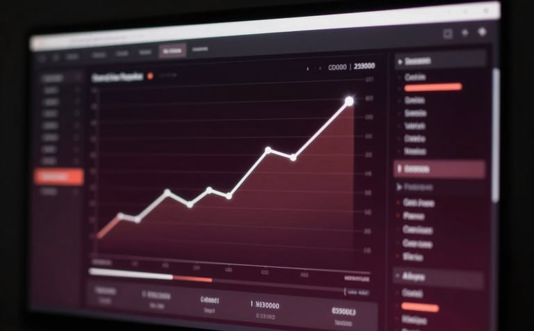 A glowing digital analytics dashboard projected on a dark screen (#0D0D0D), showing upward trending sales charts with fast-paced motion blur effects and deep maroon (#330000) undertones. Authoritative and results-driven.