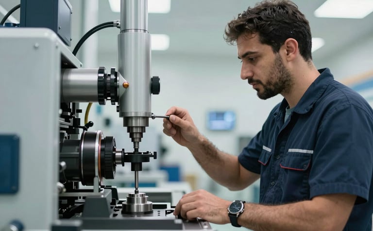 A professional technician in a modern Middle Eastern / Turkish industrial facility, inspecting complex machinery with precision tools. The lighting is bright and professional with soft sky blue and pearl white tones in the background reflecting a clean corporate environment.