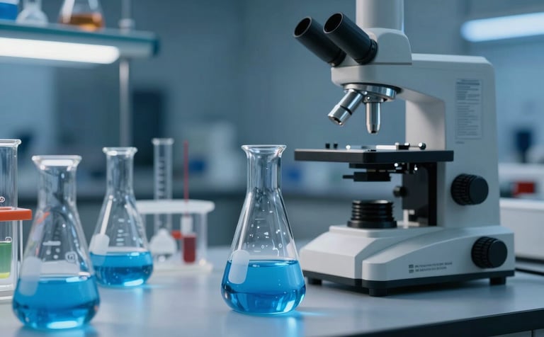 A close-up of scientific glassware and high-tech equipment in a professional Middle Eastern / Turkish chemical laboratory. The scene features clean lines, ocean blue liquid in beakers, and a sterile midnight blue background with soft lighting.