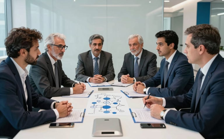 Corporate professionals in a modern Middle Eastern / Turkish meeting room discussing chemical process diagrams. The atmosphere is professional and sophisticated, with pearl white surfaces and ocean blue accents in the decor.