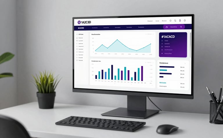 A professional workspace showing a high-resolution screen with clean, modern data analytics dashboards and charts. The atmosphere is focused and refined, incorporating brand colors #1A2C3D and #BCCAD6 in the UI design. Soft studio lighting on a minimalist desk.