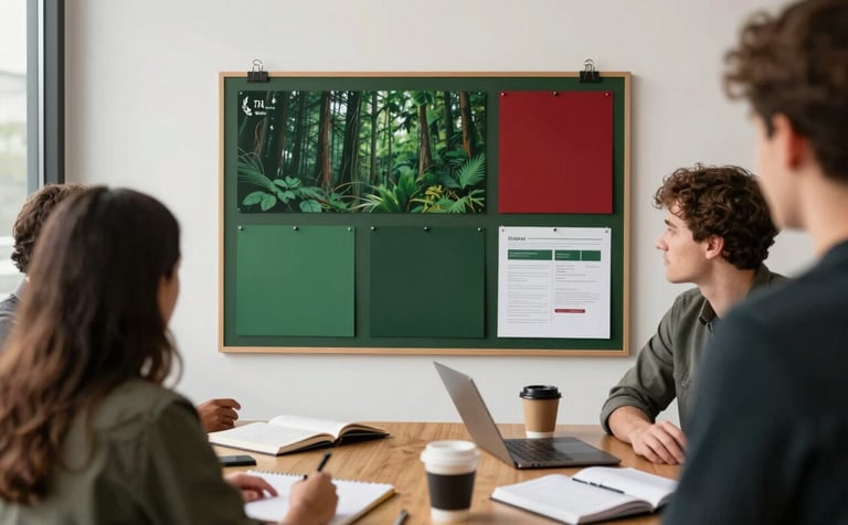 A behind-the-scenes shot of a marketing strategy session in a bright studio. A mood board features forest green and crimson brand colors, surrounded by notebooks and fresh coffee. Professional, collaborative, and warm atmosphere.