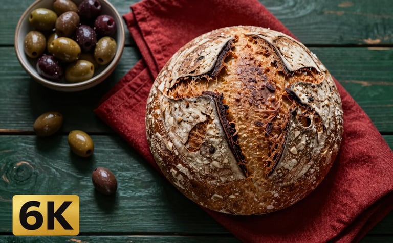 A close-up, top-down professional food photography shot of a rustic sourdough loaf on a dark green wooden table. Beside it, a crimson linen napkin and a bowl of fresh olives. Moody lighting, artisanal texture, high sophistication.