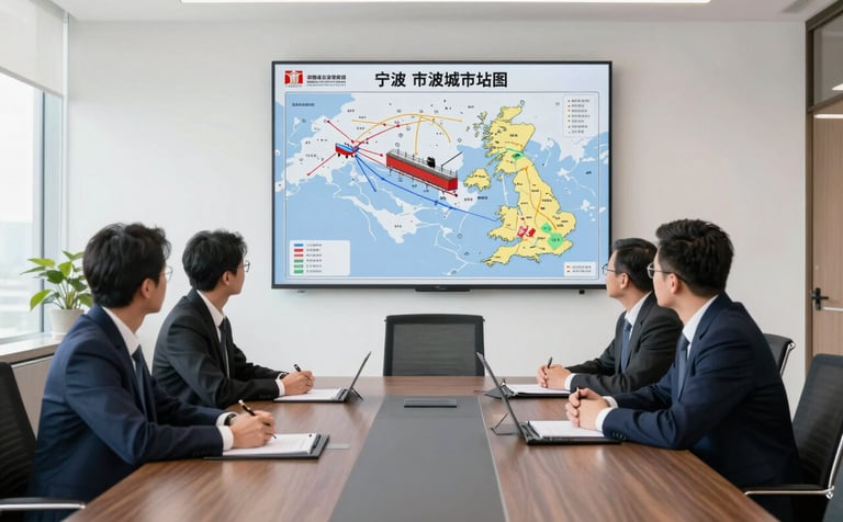 A professional business meeting in a bright, modern office in Ningbo, China. A strategic map on a clean white wall showing shipping routes to the UK. Natural lighting, dark navy blue office furniture, and slate grey accents.