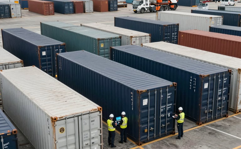 A large logistics terminal with professional staff monitoring operations. Cargo containers in dark navy and white being prepared for shipment. Clean, wide-angle shot of a busy UK port.