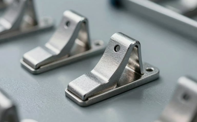 A close-up shot of high-quality stainless steel door stoppers being inspected for quality on a clean, industrial workbench. The lighting is bright and professional, highlighting the metallic texture against a slate grey background.