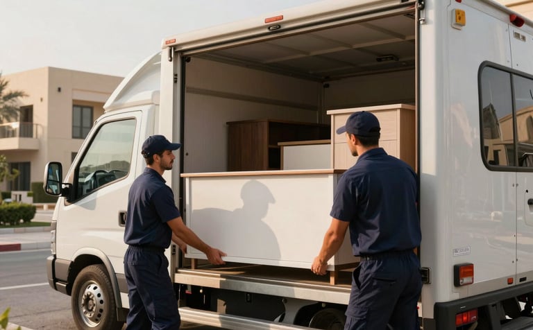 A professional photography shot of movers in dark slate blue uniforms carefully loading high-end furniture into a clean, soft off-white truck. The setting is a bright, upscale neighborhood in Mecca with modern architecture in the background. Soft morning sunlight creates a professional and reliable atmosphere.