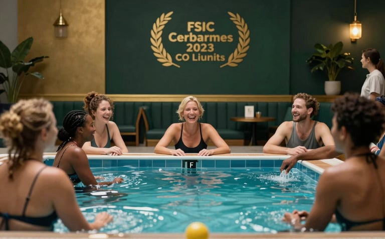 An action shot of diverse community members laughing and interacting during a pool tournament. The background features muted gold and dark forest green decor, creating a sophisticated yet inviting athletic atmosphere.