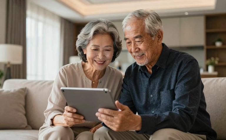 A happy senior couple in a sophisticated living room, looking at a digital tablet together with expressions of relief and satisfaction. Modern, bright interior with warm lighting and high-end finishes, reflecting financial peace of mind. Colors include warm beige (#C7B090) and deep professional tones (#1A2A2A).