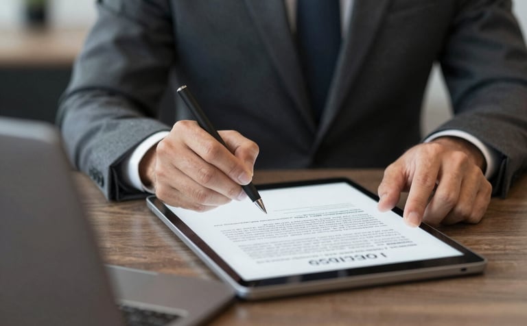 A close-up of a professional in a sharp suit signing a digital document on a tablet, symbolizing efficiency and modern financial solutions. The setting is a corporate lounge. The lighting is sophisticated, emphasizing textures and the professional mood using brand colors #1A2A2A and #C7B090.