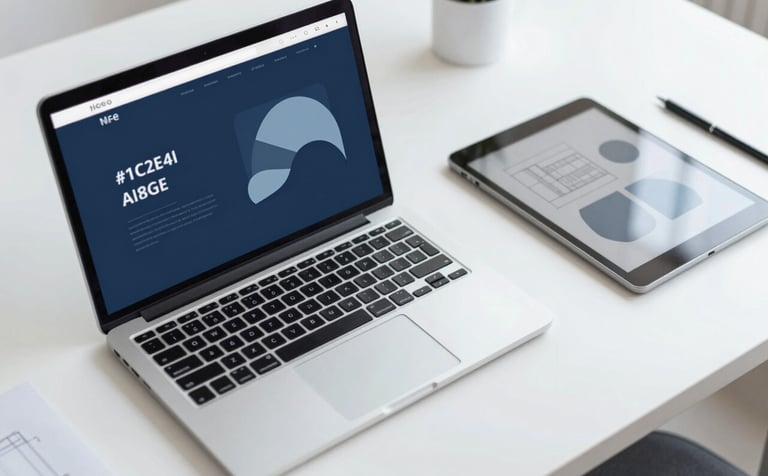 A top-down view of a modern designer's desk with a sleek laptop, a tablet showing abstract brand graphics, and architectural drafting tools. The lighting is bright and professional, utilizing a color palette of #1C2E46 and #A8BECD for a strategic and elegant creative workspace vibe.