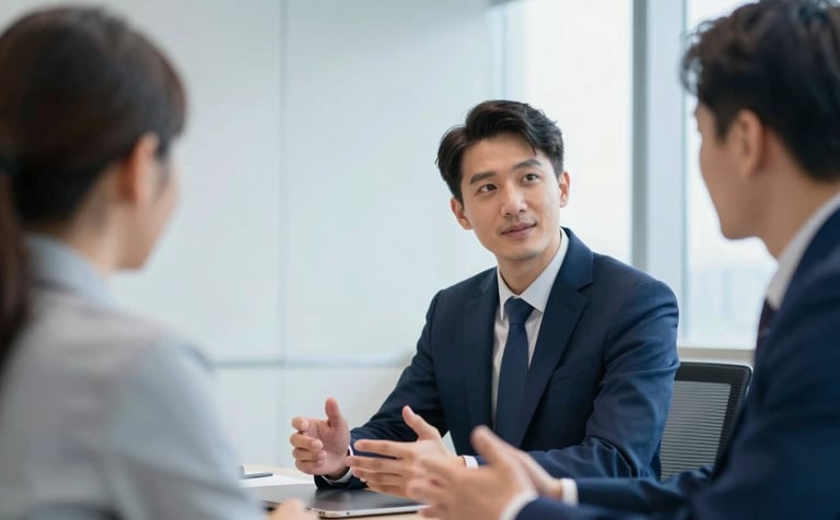 A sophisticated corporate meeting room with soft natural light. Two professionals are engaged in a calm, clear discussion. The atmosphere is professional and approachable, incorporating the brand colors #1C2E46 and #F5F8FC.