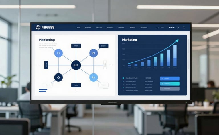 A modern office environment with a glass wall featuring a strategy map. A digital screen displays rising marketing data analytics. The mood is insightful and professional, with a clean composition using #4B6587 and #1C2E46 as dominant tones.