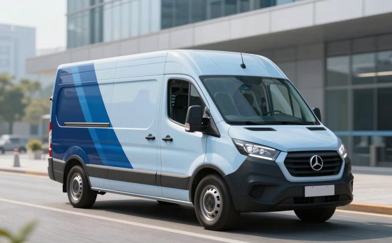 A sleek express delivery van in a high-tech urban logistics hub, showcasing efficiency. The scene is bright and professional with a focus on speed. Accents of light blue #8BAABF and deep navy #0B1B2B integrated into the modern architecture.