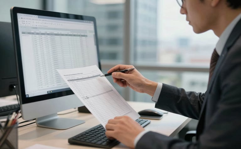 A professional in formal attire reviewing spreadsheets on a computer screen in a sleek Lisbon business district office. The composition is focused on the person's hands and the workspace, reflecting concentration and meticulous attention to detail. Soft, slate blue and off-white color palette.