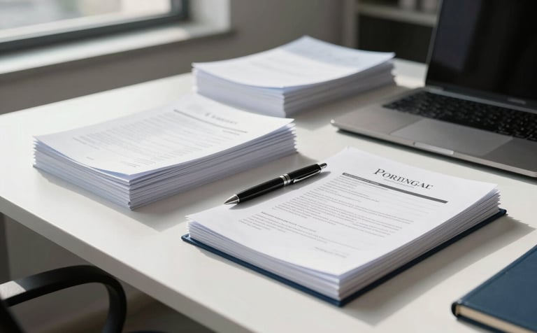 A clean, bright desk in a modern European Portuguese office. Neatly stacked professional documents, a high-end pen, and a laptop are arranged with meticulous order. Natural light streams from a side window, highlighting the crisp white paper and dark blue accents on the desk.