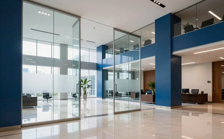 A wide, bright shot of a high-end Latinoamericano / Hispano corporate office lobby after a professional cleaning session. Gleaming floors, glass partitions without streaks, and steel blue accents in a minimalist design.