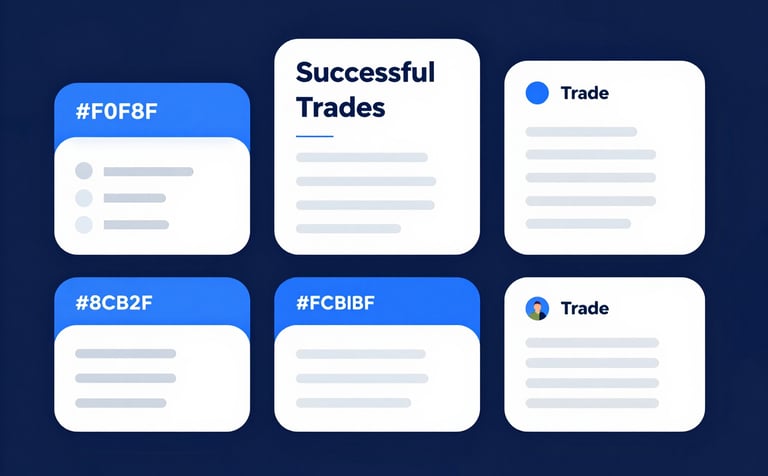A clean, modern graphic showing a collage of successful trade logs and positive customer feedback bubbles. The UI design is sleek, using #F0F8FF for text boxes and #8CB8DB for borders. The background features a subtle dark blue (#0A1C2C) pattern reflecting trust and reliability.
