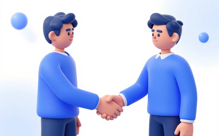 A professional 3D isometric illustration of a digital handshake between two stylized avatars, representing a brand partnership. The colors incorporate #2C5D8B and #8CB8DB. The background is clean white (#F0F8FF) with soft technological glow effects.