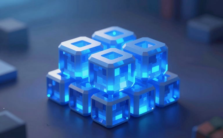 A professional high-definition shot of glowing Blue Gem Locks (BGLs) from Growtopia stacked neatly. The lighting is cinematic with blue neon accents (#2C5D8B) and sharp highlights. The overall atmosphere is secure and premium, using #0A1C2C in the shadows and #F0F8FF for light rays.