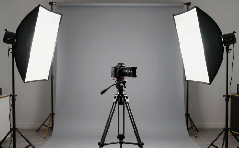 A clean photography studio interior. A professional camera is mounted on a tripod, facing a soft grey seamless backdrop. Large softbox lights stand on either side, reflecting a clean and innovative mood. Small details in muted gold accent the equipment stands.