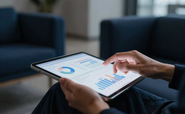 A close-up photograph of hands interacting with a brightly lit tablet screen displaying blurred analytics. The environment is a professional lounge with deep navy upholstery and soft grey architectural details. The lighting is moody and focused.