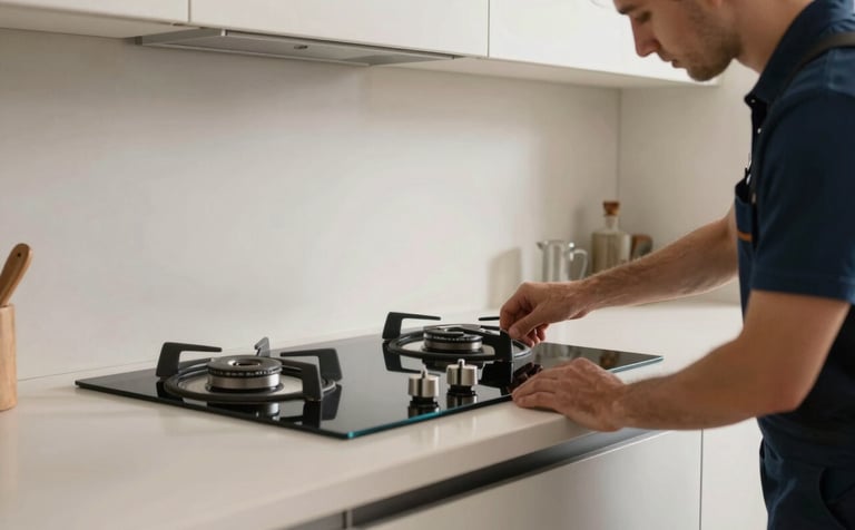 A professional technician installing a modern glass-ceramic cooktop in a contemporary European / Spanish kitchen. The scene features soft off-white cabinets and dark blue accents, emphasizing safe and efficient service.