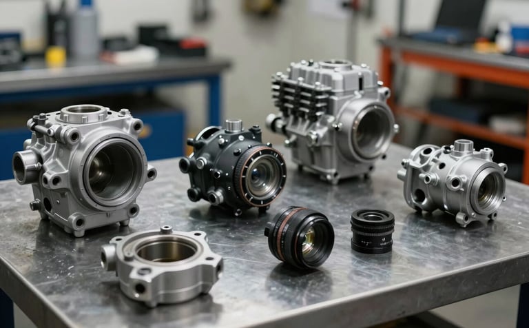 Close-up photography of authentic Honda motorcycle engine components and spare parts arranged neatly on a dark gray metallic workbench. The setting is a clean, organized Colombian professional workshop with bright, industrial-style lighting.
