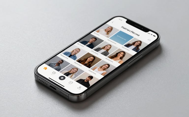 A professional studio-quality shot of a modern smartphone resting on a silver gray surface. The phone screen shows a beautifully curated social media feed. The lighting is soft and sophisticated, emphasizing clean lines and brand detail.