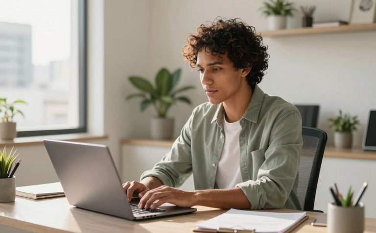A South American professional sitting in a bright, modern home office in a Brazilian city, focusing on a laptop with a look of determination. The lighting is warm and natural, reflecting an optimistic mood. The space is clean with a few plants and light sage accents.