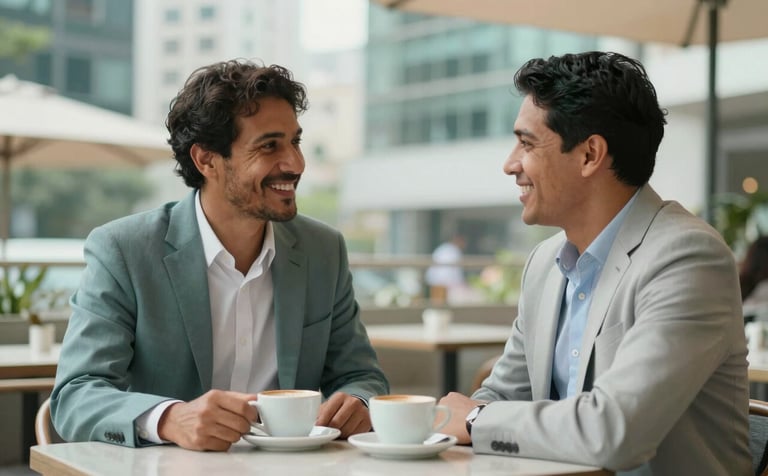 Two South American professionals having an encouraging conversation in a modern outdoor cafe in a Brazilian business district. They are smiling, with coffee cups on the table. The style is clean and professional, using soft teal and light sage tones in the environment.